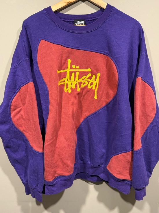 Stussy Sweaters - Stussy inspired Purple rework Crewneck with Red Panels and Yellow Logo